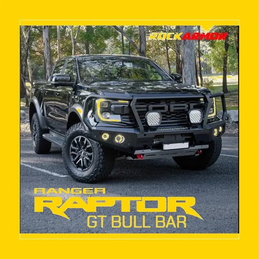 Black rockarmor gt steel bullbar with integrated led lights fitted to ford ranger raptor 2023 rugged off-road use