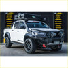 White toyota hilux ute with black steel rockarmor gt hoop bullbar and roof rack for offroad 4wd use