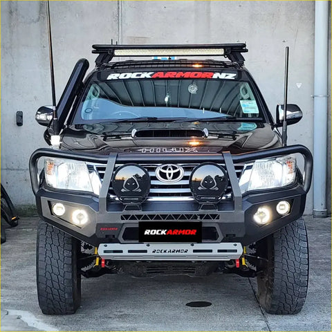 Black Toyota Land Cruiser with rugged Rockarmor steel bullbar designed for tough offroad 4wd and ute use