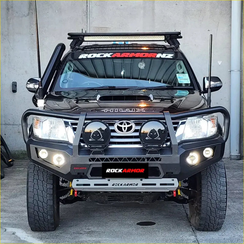 Black Toyota Land Cruiser with rugged Rockarmor steel bullbar designed for tough offroad 4wd and ute use
