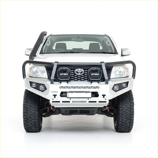 White steel rockarmor gt hoop bullbar with black tubular guard and integrated led lights for toyota hilux n70 12-15