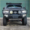 Black steel rockarmor gt hoop bullbar on toyota tacoma with heavy-duty 4wd front bumper and offroad led light pods