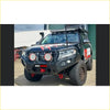 Black steel rockarmor gt hoop bullbar with led lights and red recovery hooks for toyota prado 4wd offroad use