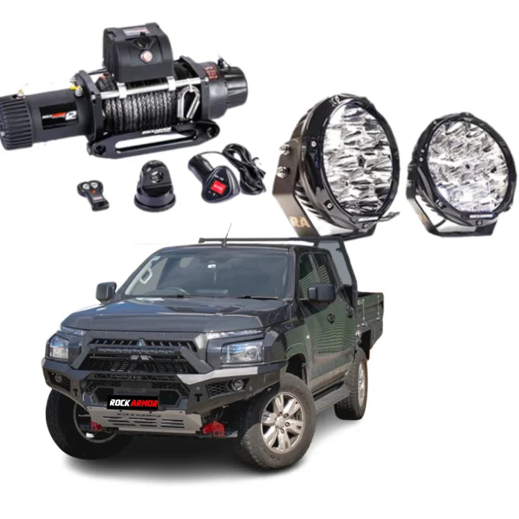 Black rugged 4wd ute with rockarmor gt hoopless bullbar combo pack and offroad tires for mitsubishi mv triton 2024