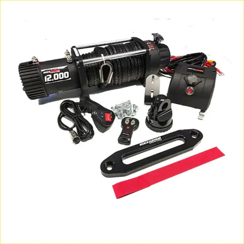 Black rockauto 12,000-pound electric winch with coiled rope and controls on rockarmor gt hoopless bullbar for 4wd ute offroad