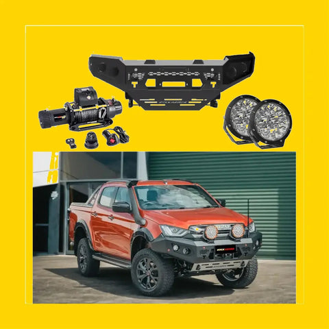 Black rugged rockarmor gt hoopless bullbar front bumper with integrated mounts and matte finish for isuzu dmax off-road use