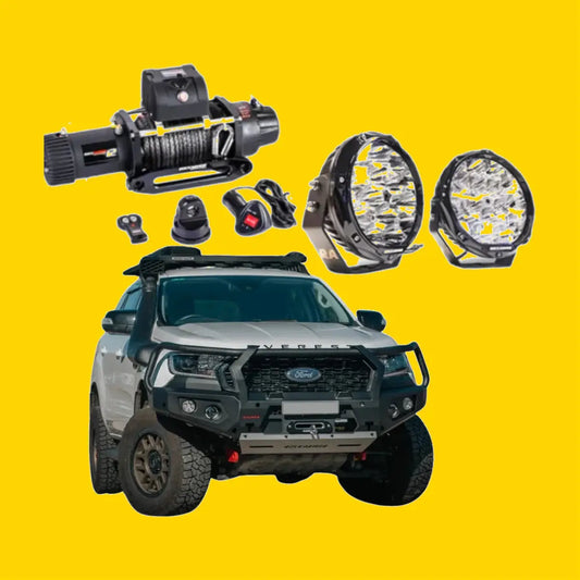 Black and silver ford ranger everest with rockarmor gt hoopless steel bullbar combo rugged front bumper roof rack and heavy tires