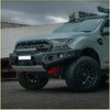Gray ford ranger ute with black rockarmor gt hoopless steel bullbar combo red tow hooks and offroad tires 4wd