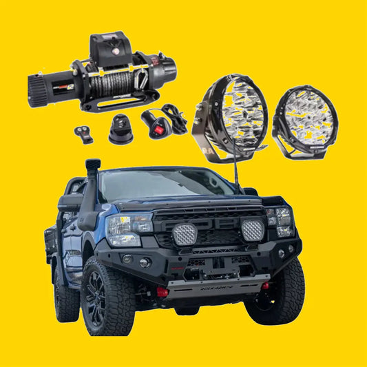 Black rugged steel bullbar combo with led lights and reinforced bumper on next gen ford ranger off-road truck