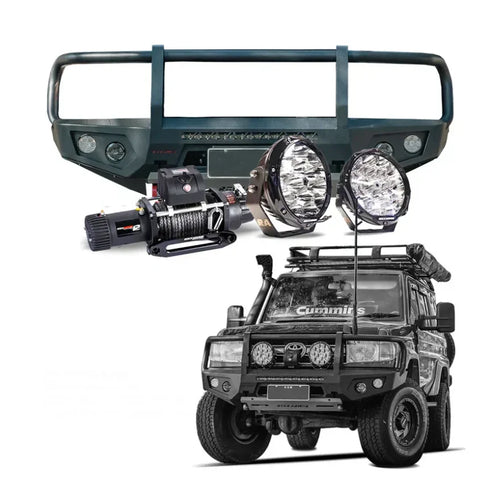 Black rugged steel rockarmor gt hoopless bullbar with led lights and winch mount for toyota 79 4wd ute offroad