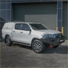 White toyota hilux n80 pickup with hardtop canopy and black rockarmor gt hoopless steel bullbar combo front bumper
