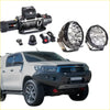 Black and silver led off-road light bar with rugged circular design on rockarmor gt hoopless steel bullbar combo for toyota hilux n80