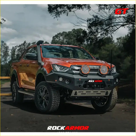 Orange isuzu ute with rockarmor gt hoopless steel bullbar and round led lights for offroad 4wd use