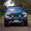 Blue ford ranger wildtrak with a black rockarmor gt hoopless steel bullbar and roof rack full bar replacement