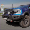 Blue ford ranger pickup with rockarmor gt hoopless steel bullbar black bumper and rugged off-road tires