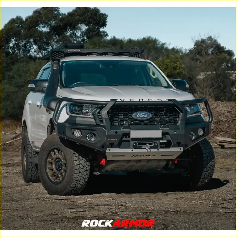 Silver ford everest ute with black rockarmor gt hoopless steel bullbar and roof rack for offroad 4wd use