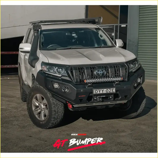 White toyota land cruiser prado with black steel rockarmor gt hoopless bullbar and roof rack full bar replacement