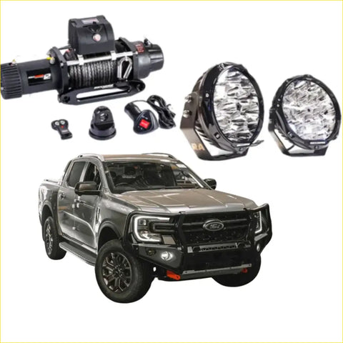 Black ford ranger ute with rockarmor gt steel hoop bullbar combo and rugged offroad 4wd front bumper guard