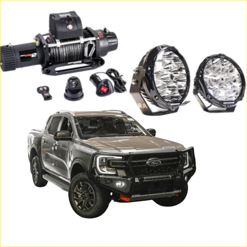 Black ford ranger ute with rockarmor gt steel hoop bullbar combo and rugged offroad 4wd front bumper guard