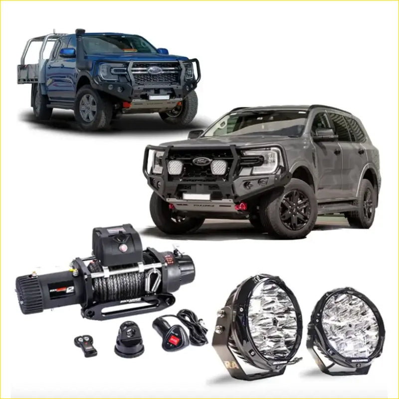 Black rugged winch with coiled steel cable and remote in rockarmor gt steel hoop bullbar combo pack for ford everest 4wd ute offroad