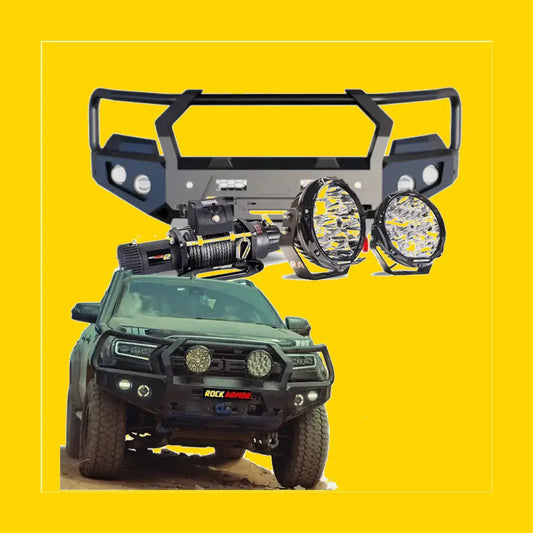Black rockarmor gt steel hoop bullbar combo pack front bumper with integrated led lights and winch mount for ford ranger px2 and 3