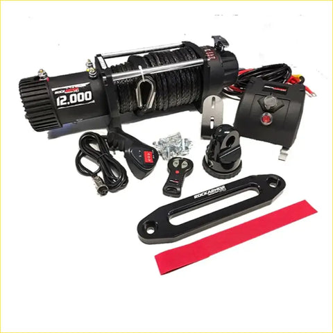 Black rockauto 12,000-pound electric winch with coiled steel cable and controls for 4wd ute offroad use in ford ranger bullbar combo pack