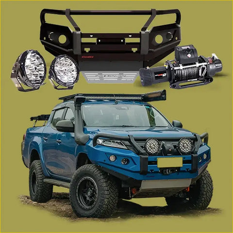 Blue mitsubishi mr triton 4wd ute with rockarmor gt steel hoop bullbar combo pack and roof rack offroad ready
