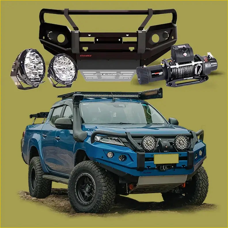 Blue mitsubishi mr triton 4wd ute with rockarmor gt steel hoop bullbar combo pack and roof rack offroad ready