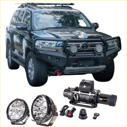 Black toyota land cruiser 300 with rockarmor gt steel hoop bullbar combo pack featuring rugged off-road roof rack