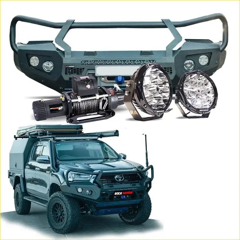 Black rugged steel front bumper with integrated lights and winch for offroad 4wd ute toyota hilux 2020-2025
