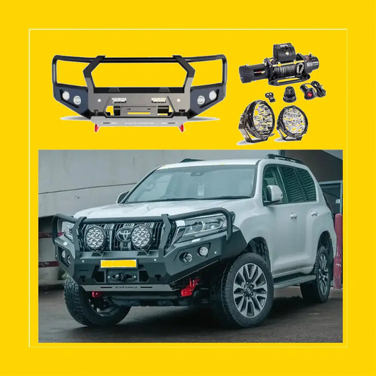 Black steel rockarmor gt steel hoop bullbar with circular led lights and red winch mount for toyota prado 150 2018+
