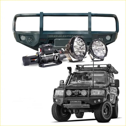 Black steel offroad bumper with integrated led lights and winch mount for toyota land cruiser 4wd ute