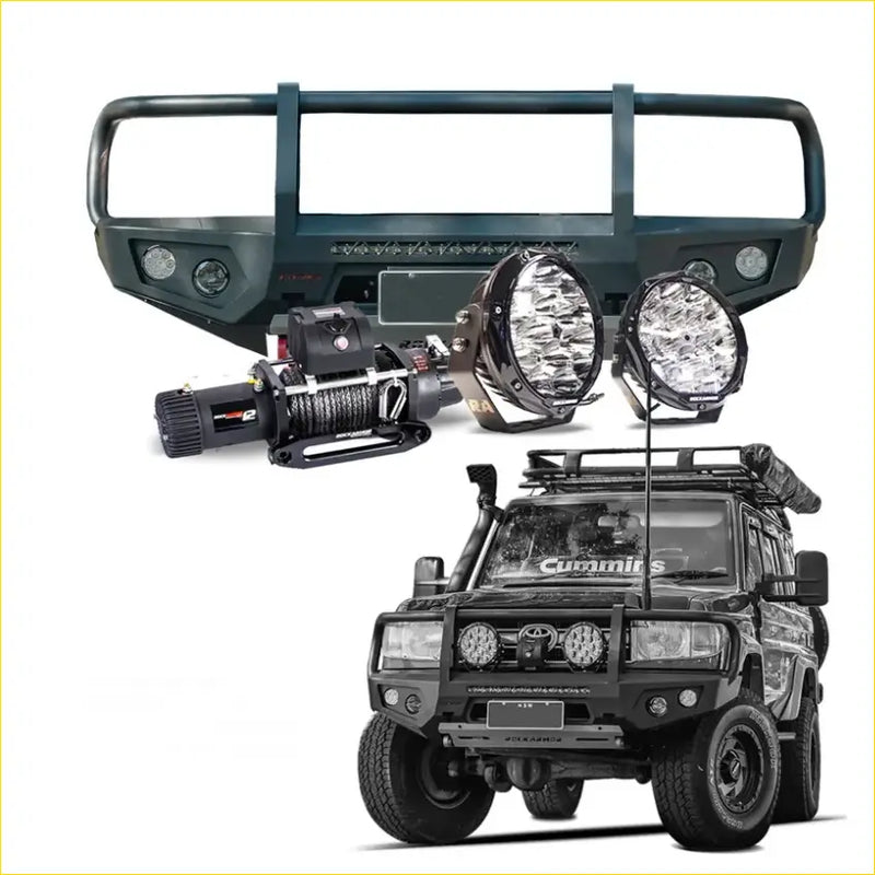 Black steel offroad bumper with integrated led lights and winch mount for toyota land cruiser 4wd ute