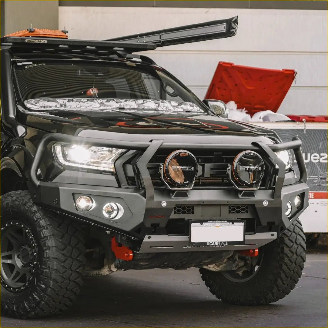 Rockarmor gt steel hoop bullbar black matte stedi front bumper with circular auxiliary lights and red accent hardware for ford ranger px2 3