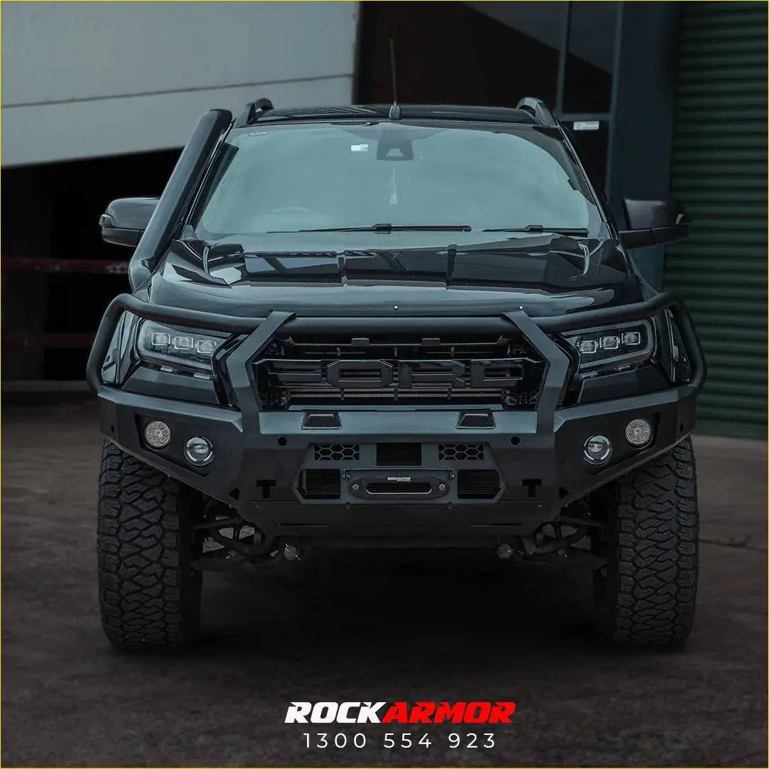Black matte steel rockarmor gt bullbar for ford ranger px2 and 3 with integrated led lights and rugged off-road design