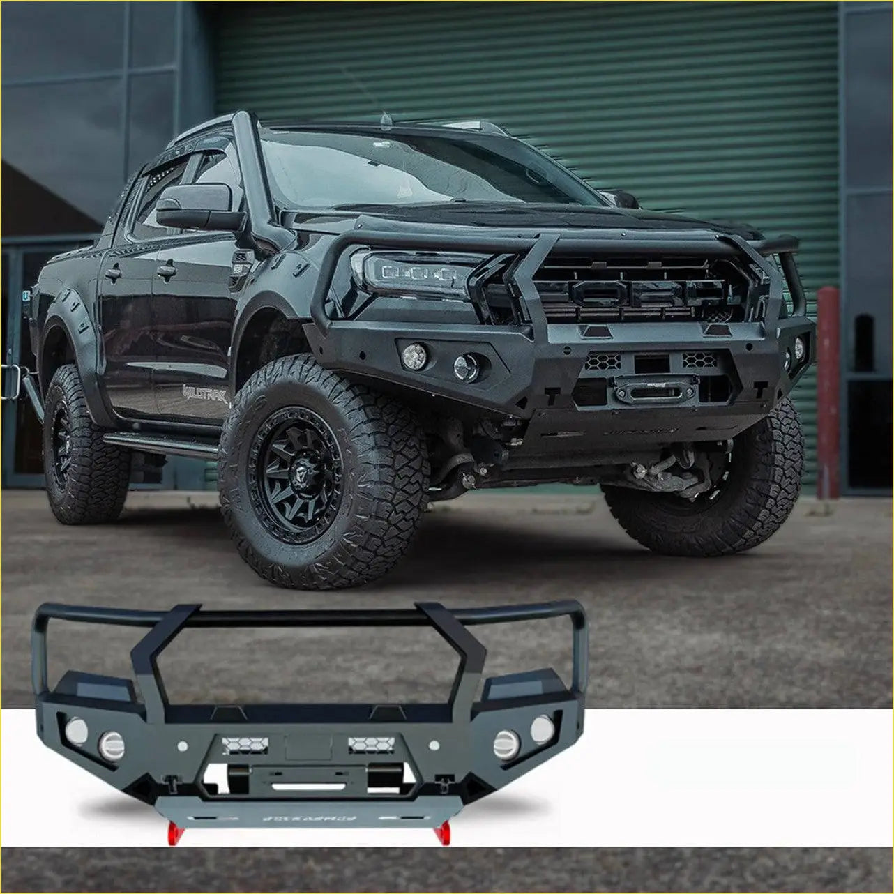Rockarmor gt steel hoop bullbar for ford ranger px2 and 3 in black matte metal with integrated led lights and mounting brackets