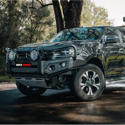 Black pickup truck with Rockarmor GT Bull steel hoop bullbar and driving lights