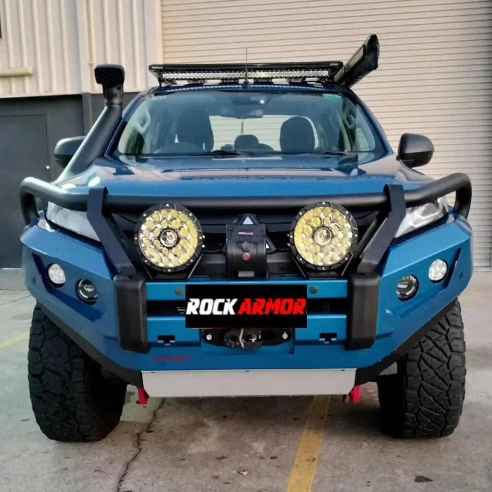 Blue off-road vehicle with Rockarmor GT Steel Bull Bar and steel hoop bullbar for Mitsubishi MR Triton
