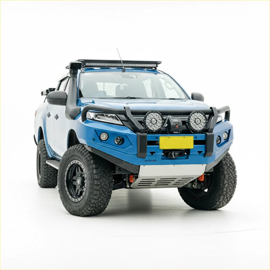 Blue and white mitsubishi mr triton with rockarmor gt steel hoop bullbar featuring black bumper guard and led lights