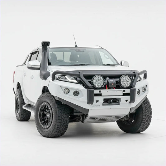 White mitsubishi triton with black rockarmor gt steel hoop bullbar and rugged off-road tires in front view