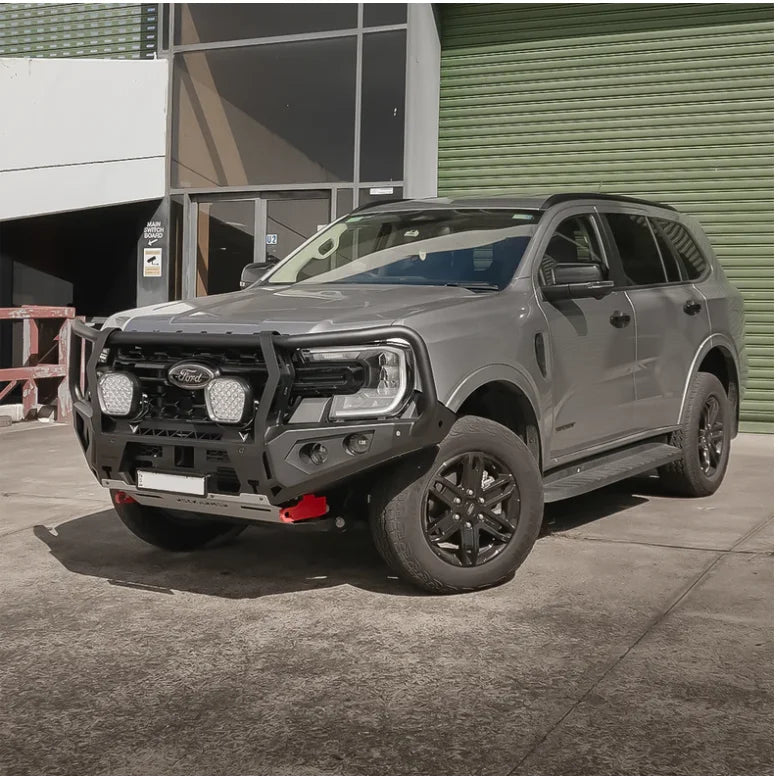 Gray Ford SUV with aftermarket bull bar, featuring Rockarmor GT Bull for Next Gen Ford Everest