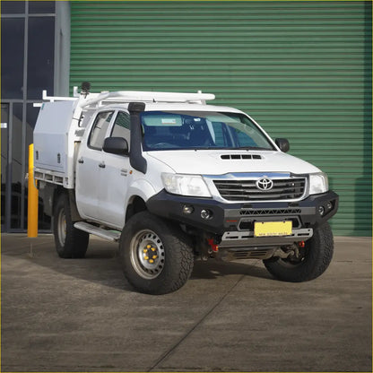 White toyota hilux with rockarmor gt steel hoop steel bullbar rugged front bumper roof rack and black side steps