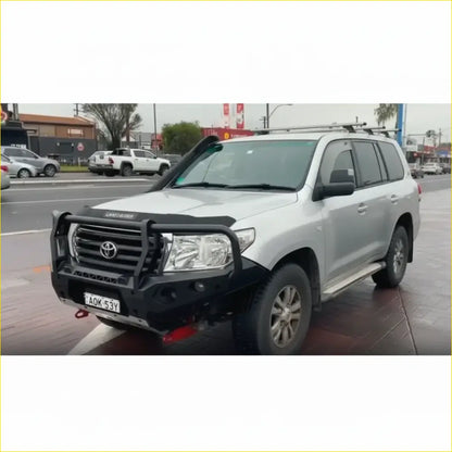 Silver toyota land cruiser with black steel hoop bullbar roof rack showing front of rockarmor gt steel bullbar