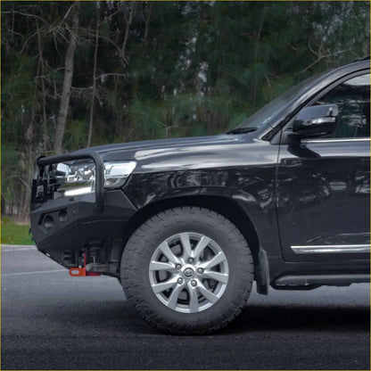 Black Toyota Land Cruiser with Rockarmor GT steel hoop bullbar and rugged off-road tires for tough 2015+ models
