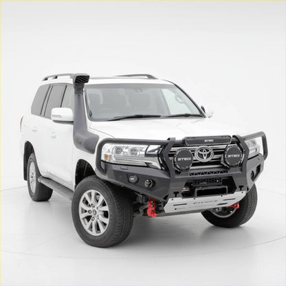 White toyota land cruiser with black rockarmor gt steel hoop steel bullbar front bumper and snorkel installed