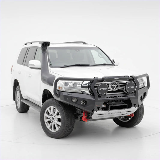 White toyota land cruiser with black rockarmor gt steel hoop steel bullbar front bumper and snorkel installed