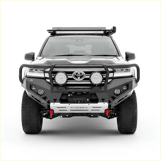 Black steel Rockarmor GT hoop bullbar on Toyota 300 Series 2021-2024 with rugged bumper and roof led light bar