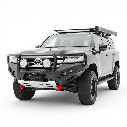 Black toyota land cruiser with rockarmor gt steel hoop bullbar rugged off-road features and roof rack front view