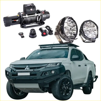 Black and silver led off-road lighting kit with steel hoopless bullbar mounted on white mitsubishi mr triton truck