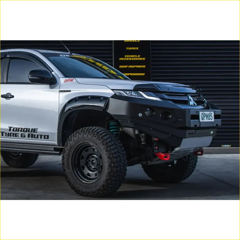 Black steel rockarmor gt hoopless bullbar combo pack with red recovery points and lighting on silver mitsubishi triton
